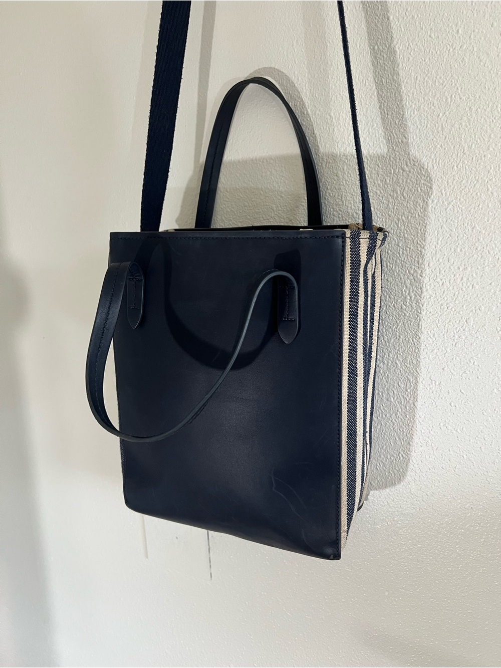 GAP Navy Leather Tote with Striped Canvas Sides
